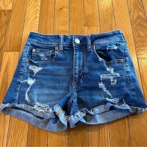 American Eagle Hi-Rise Shortie Size 2 Super Stretch blue Denim Jean Shorts - Picture 1 of 7